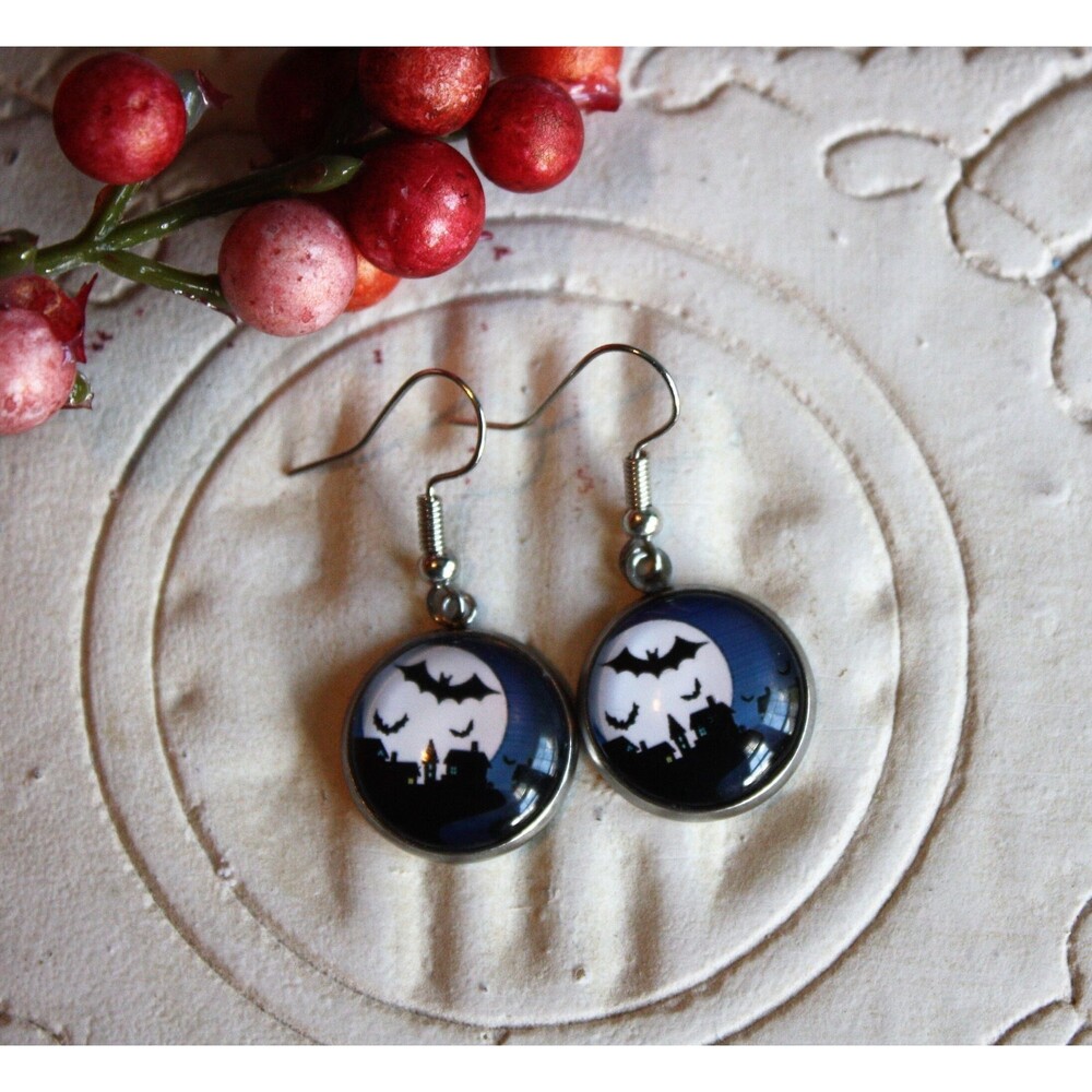 Halloween Earrings, Haunted House Earrings, Spooky Bats Dangles, Black and Blue